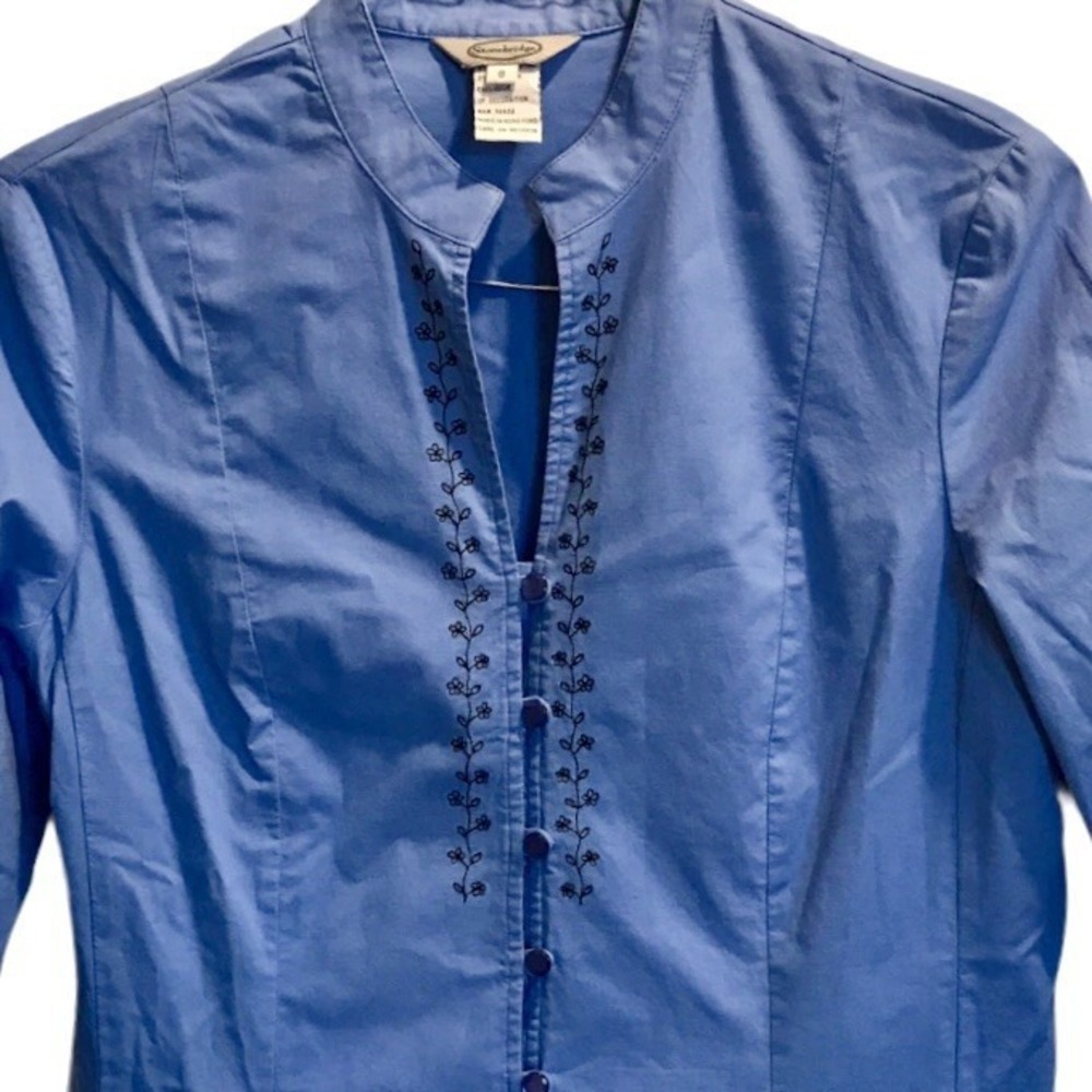 Stonebridge Women's Blue Button-up Shirt Size 8 Embroidered With Band Collar